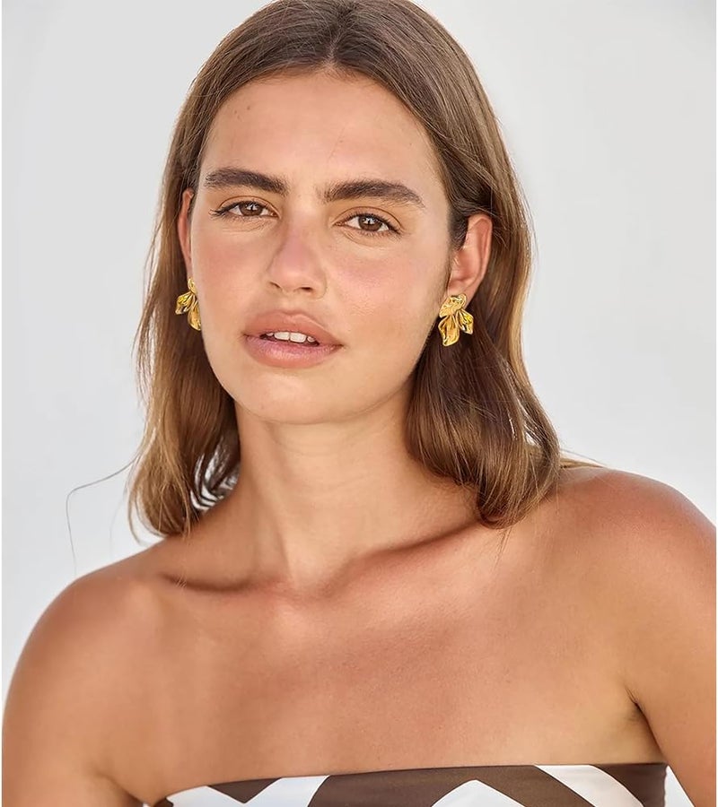 FAUTHENTICUTE Chunky Gold Statement Earrings For Women Gold Plated Sectored Flower Leaf Shell Angel Wing Earrings Large Stud Earrings Hypoallergenic Earrings - Image 3
